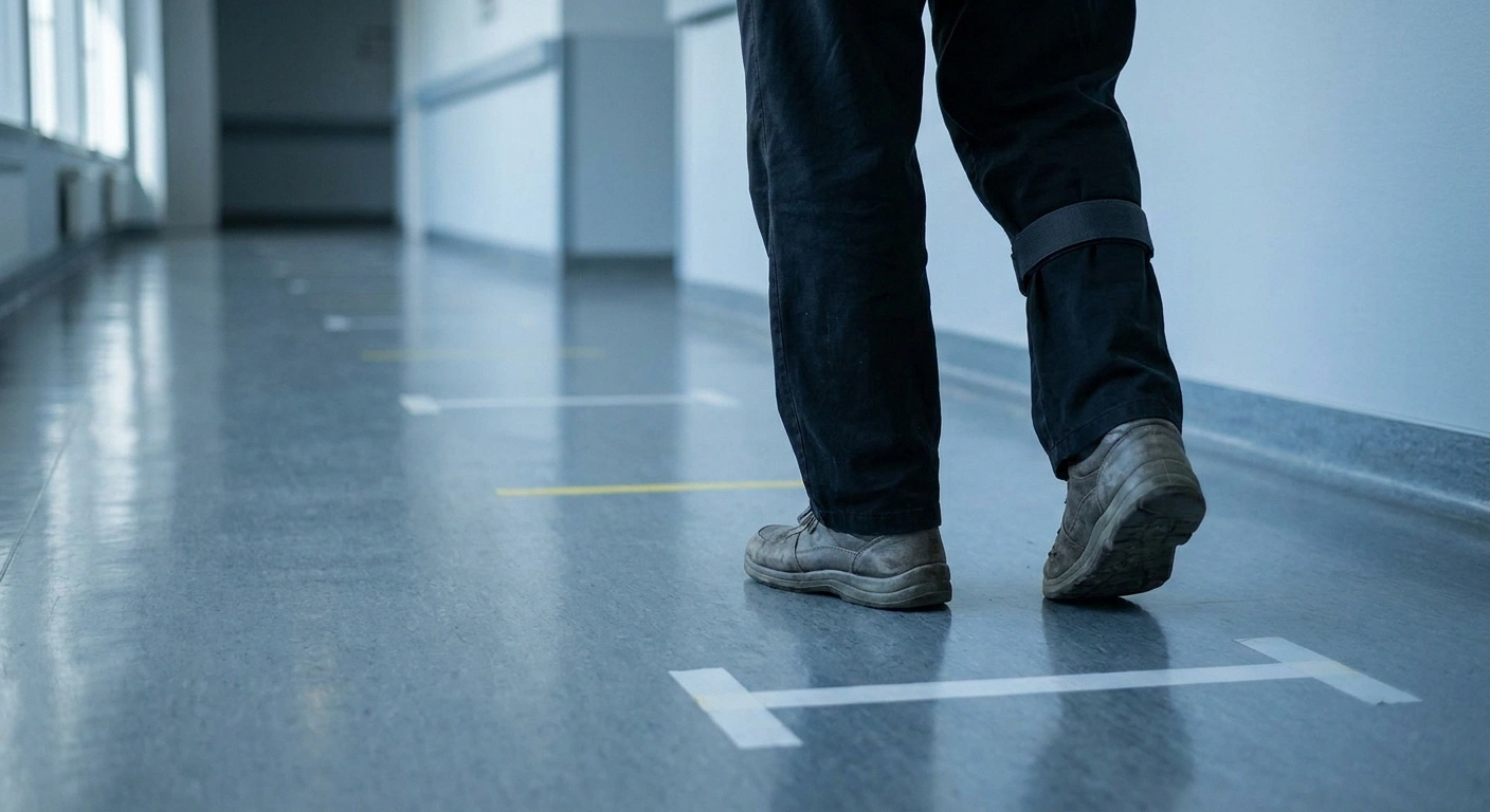 Lower legs of an older adult walking along a marked corridor with a strap around one calf