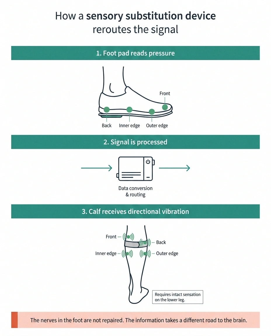 Diagram showing foot pressure being read by an in-shoe pad and delivered as calf vibration