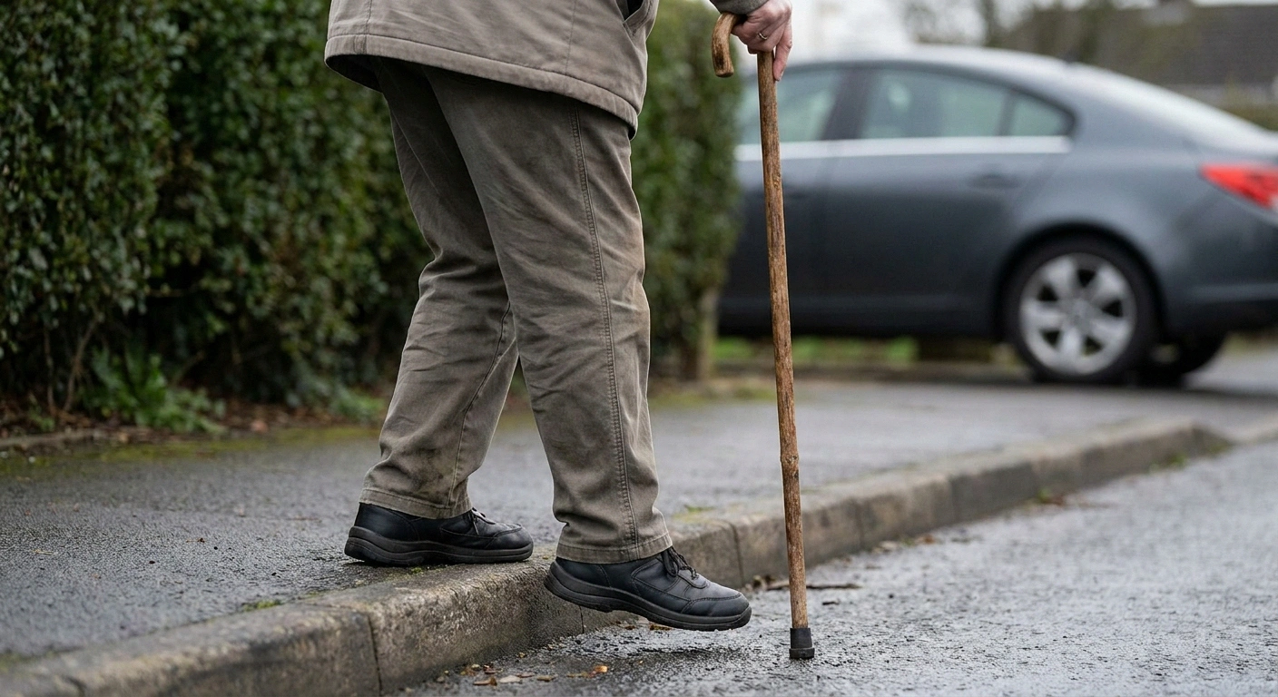 An older adult with a walking stick stepping down from a kerb onto a residential pavement