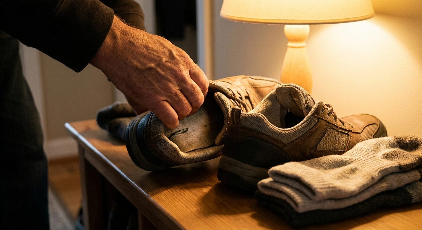 Hand sweeping the inside of a walking shoe to check for debris before putting it on