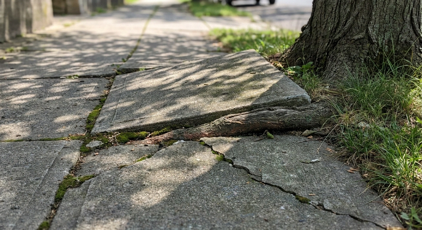 Concrete sidewalk panel lifted by a tree root creating a raised edge