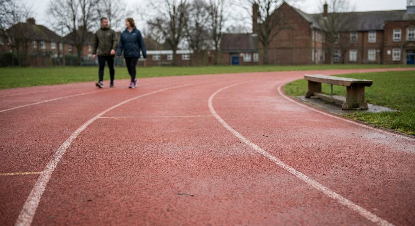 Low angle view of a rubberized school track with two people walking in the distance