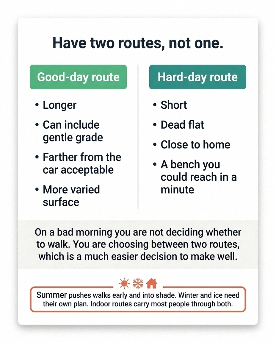 Two-column card comparing a good-day walking route with a hard-day walking route