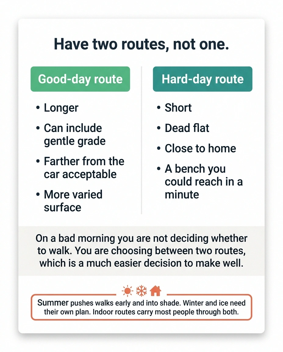 Two-column card comparing a good-day walking route with a hard-day walking route