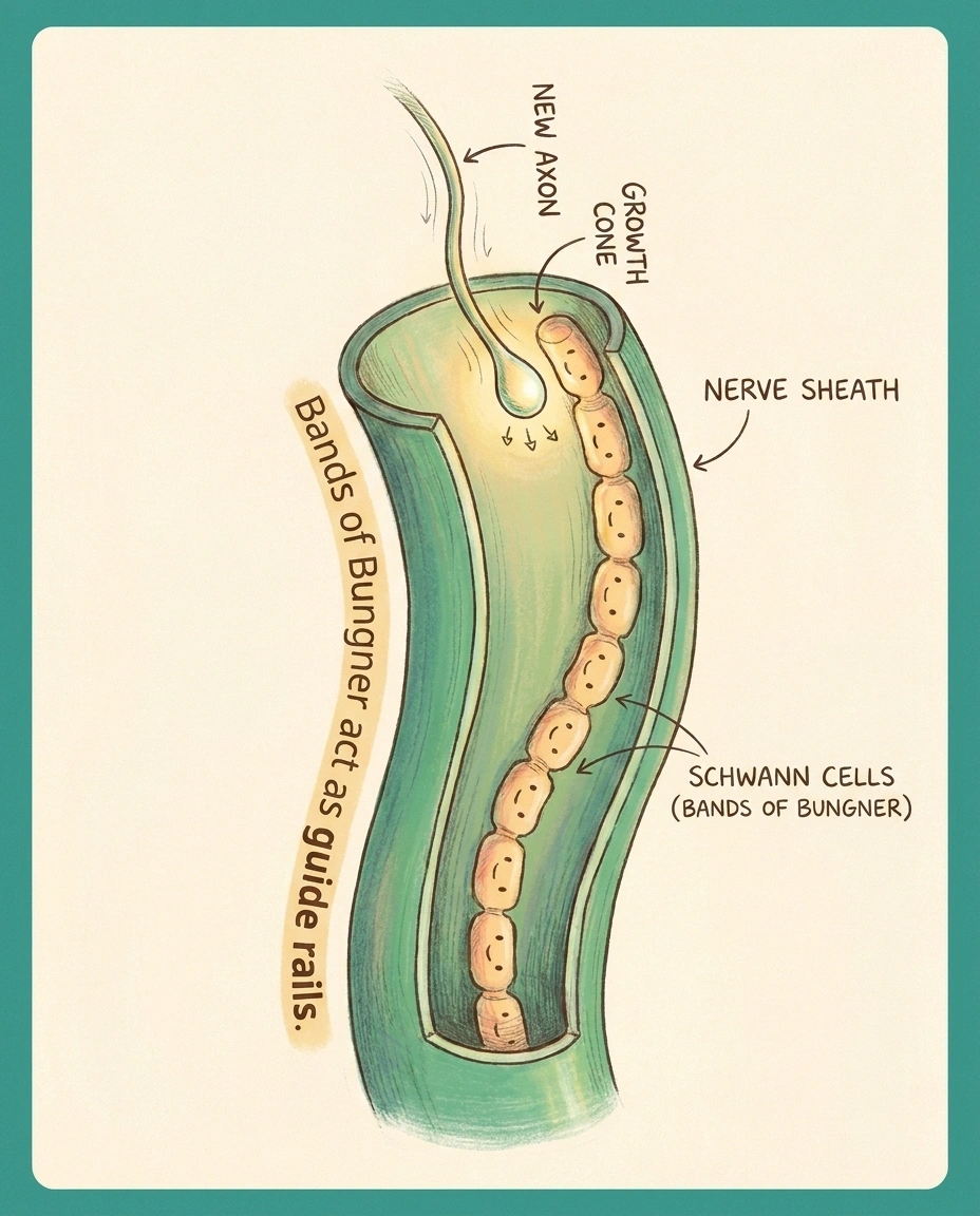 Illustration of Schwann cells forming Bands of Bungner guiding a regenerating axon through the nerve sheath.