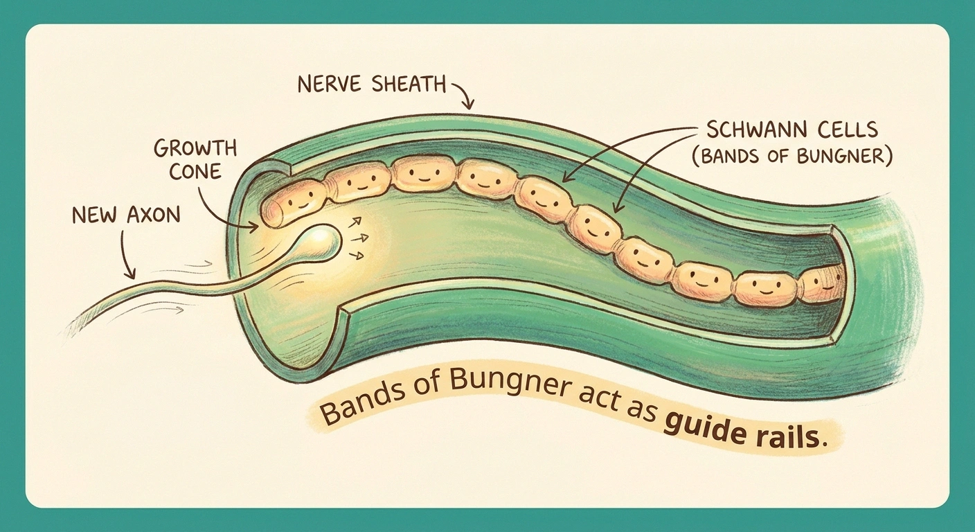 Illustration of Schwann cells forming Bands of Bungner guiding a regenerating axon through the nerve sheath.