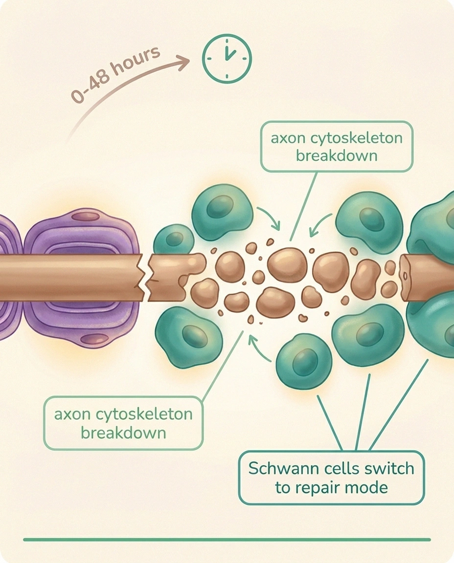 Infographic showing axon breakdown and Schwann cell change in first 48 hours after nerve injury.