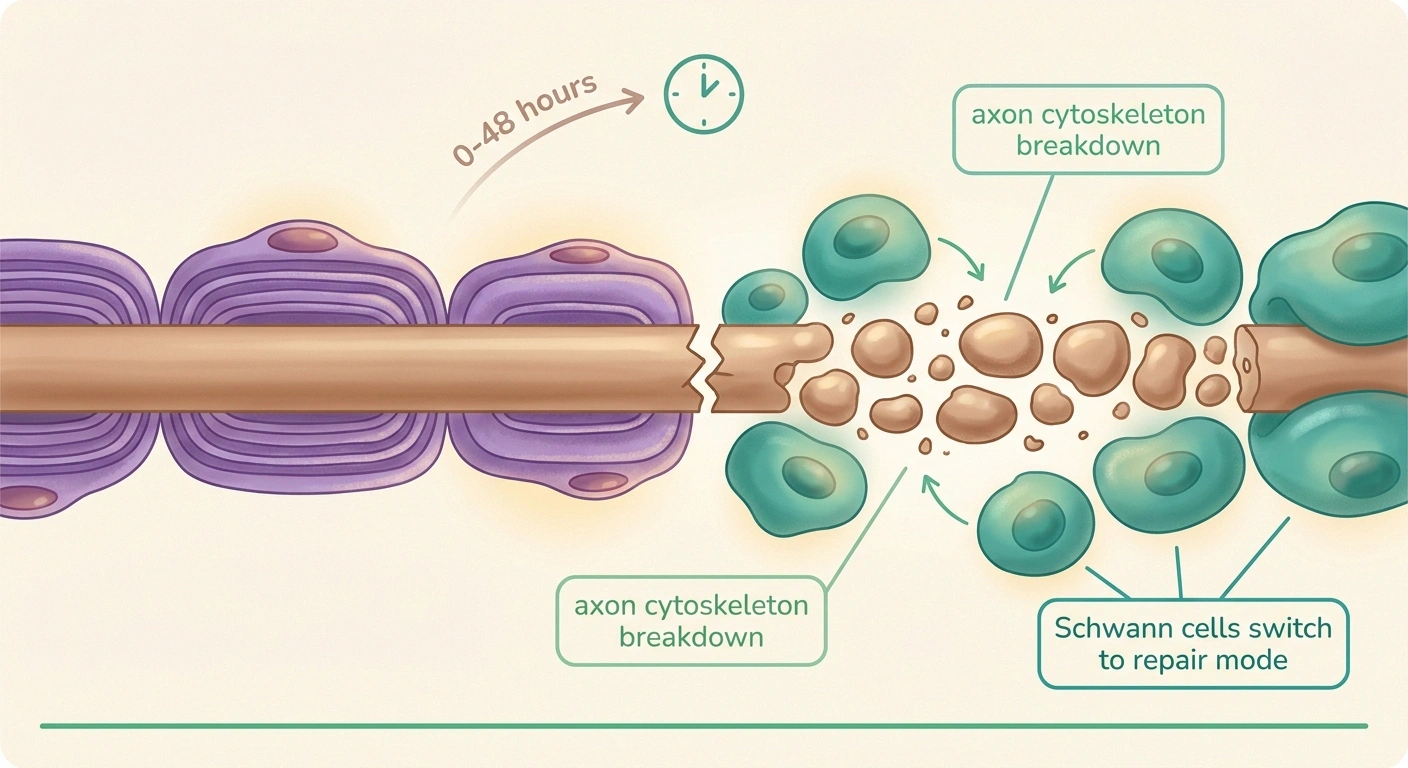 Infographic showing axon breakdown and Schwann cell change in first 48 hours after nerve injury.