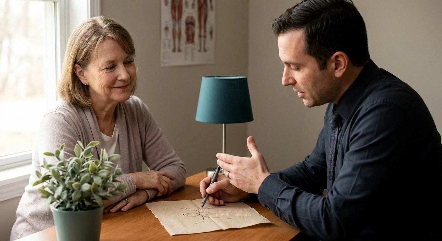 Patient in 60s talking with a neurologist who is sketching a nerve diagram during a consultation.