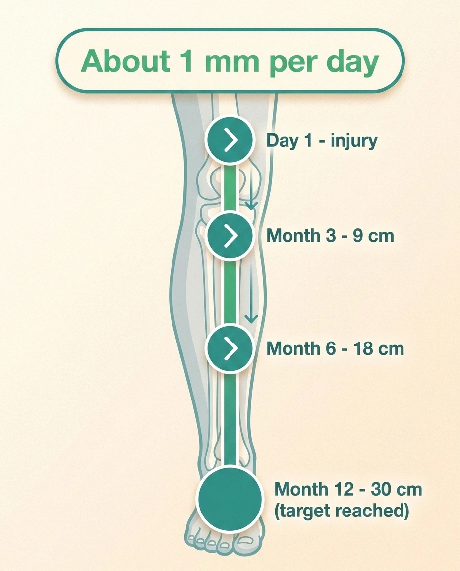 Timeline infographic showing peripheral nerve regrowth at 1 mm per day from knee to toe over 12 months.
