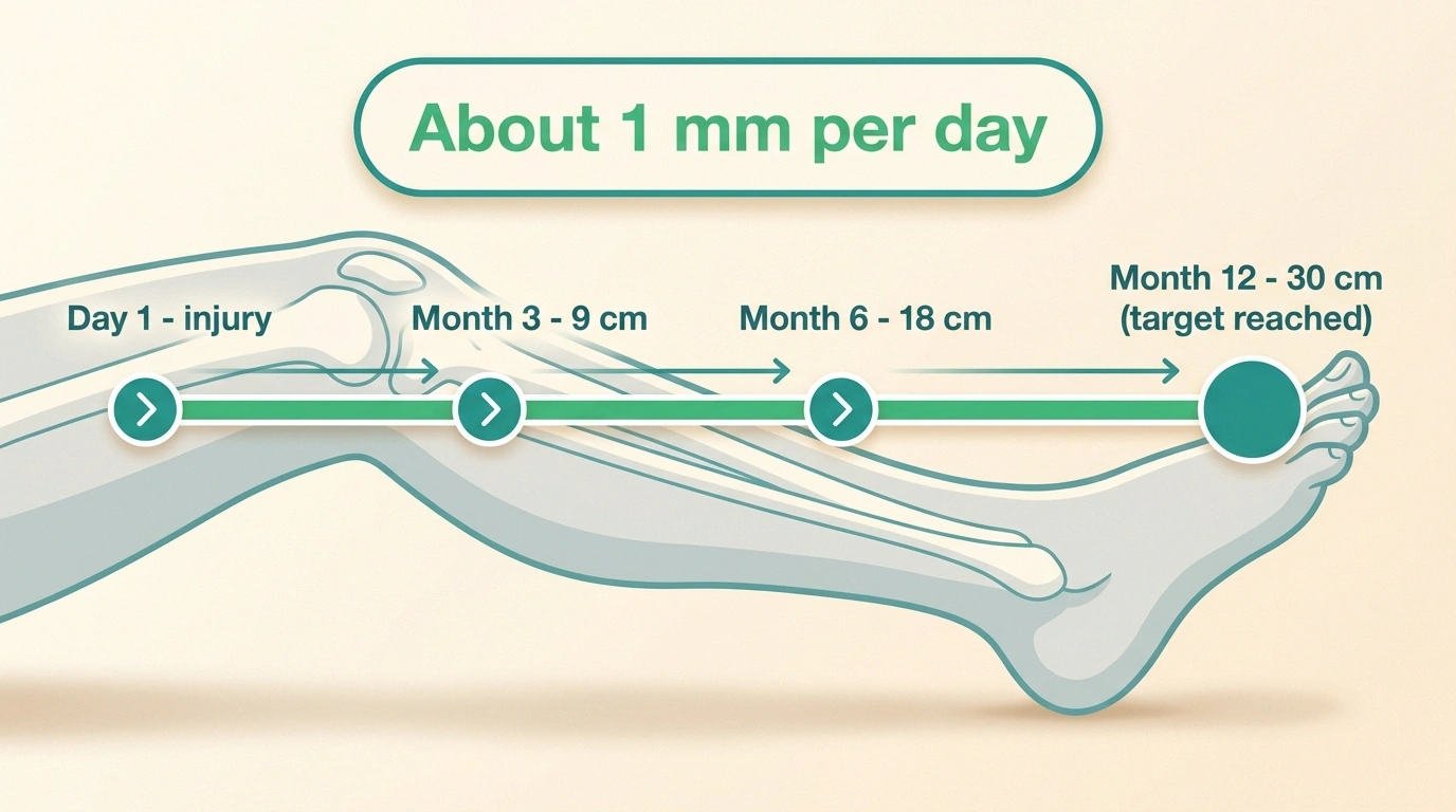 Timeline infographic showing peripheral nerve regrowth at 1 mm per day from knee to toe over 12 months.