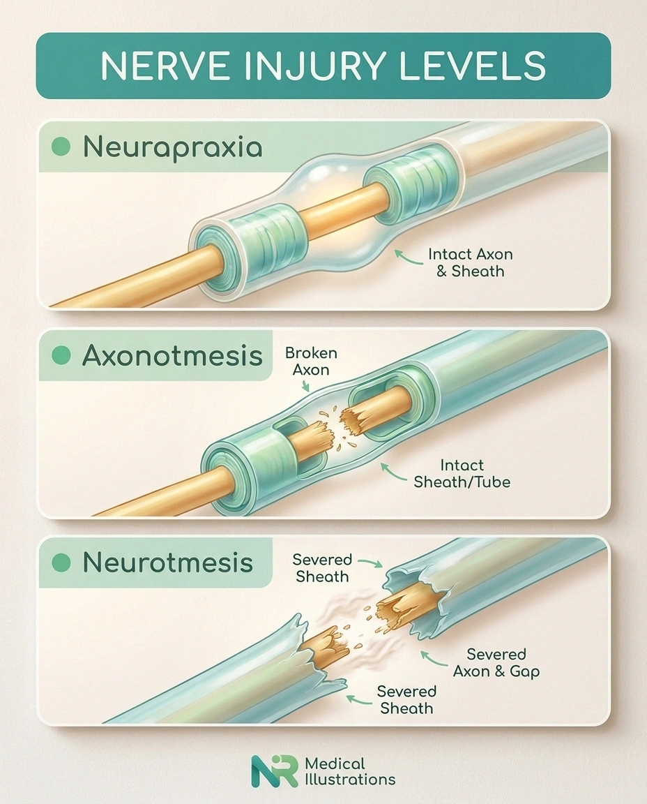 Three-panel infographic comparing neurapraxia, axonotmesis, and neurotmesis nerve injury severity.