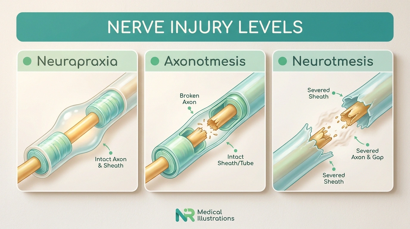 Three-panel infographic comparing neurapraxia, axonotmesis, and neurotmesis nerve injury severity.