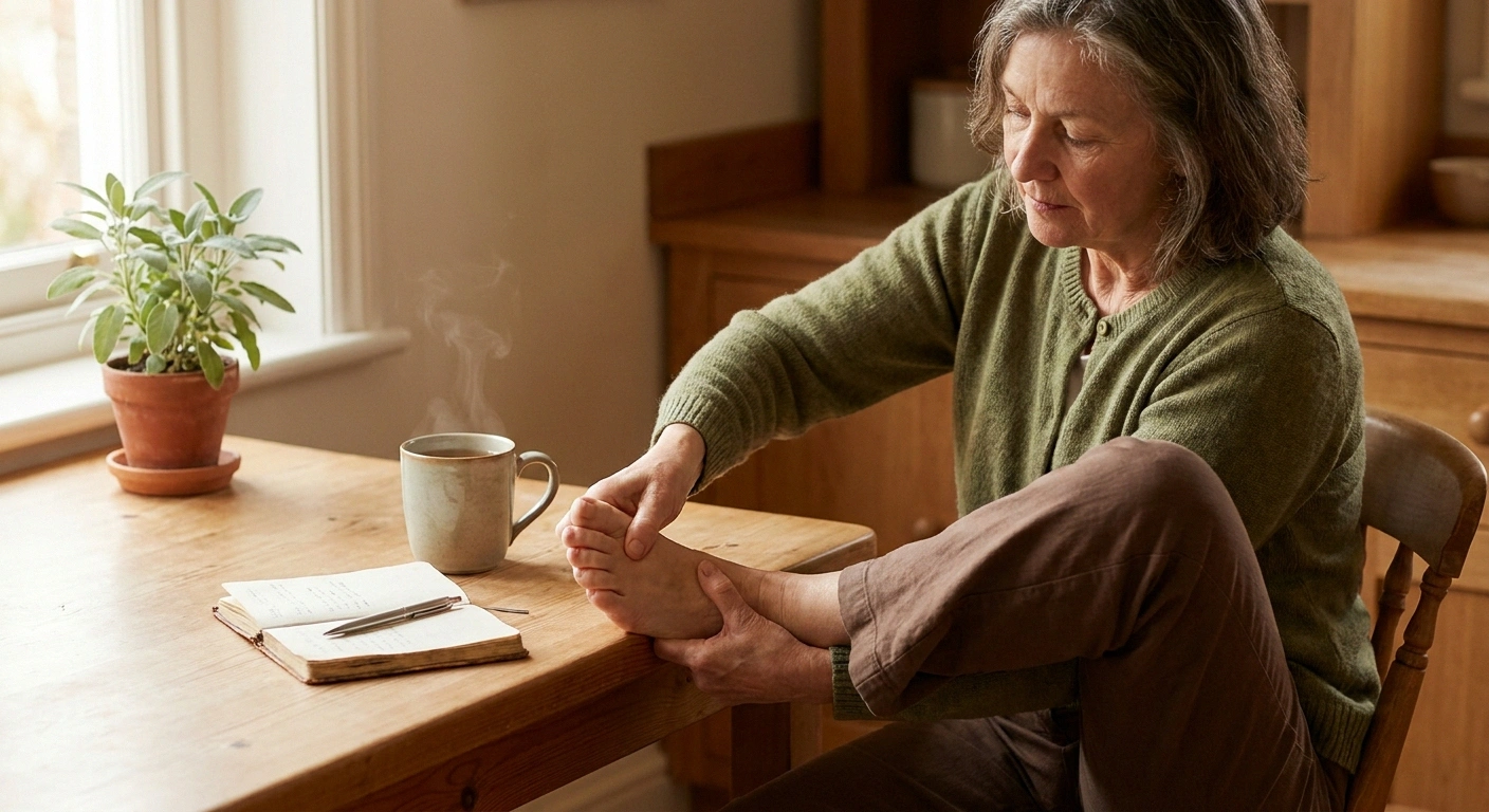 Woman in her 60s gently massaging her foot at a sunlit kitchen table beside a symptom journal and tea.