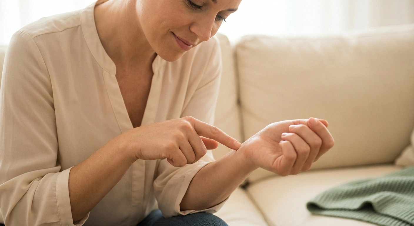 Close-up of a woman tapping her forearm with one finger as she pays attention to a faint tingle along the nerve.