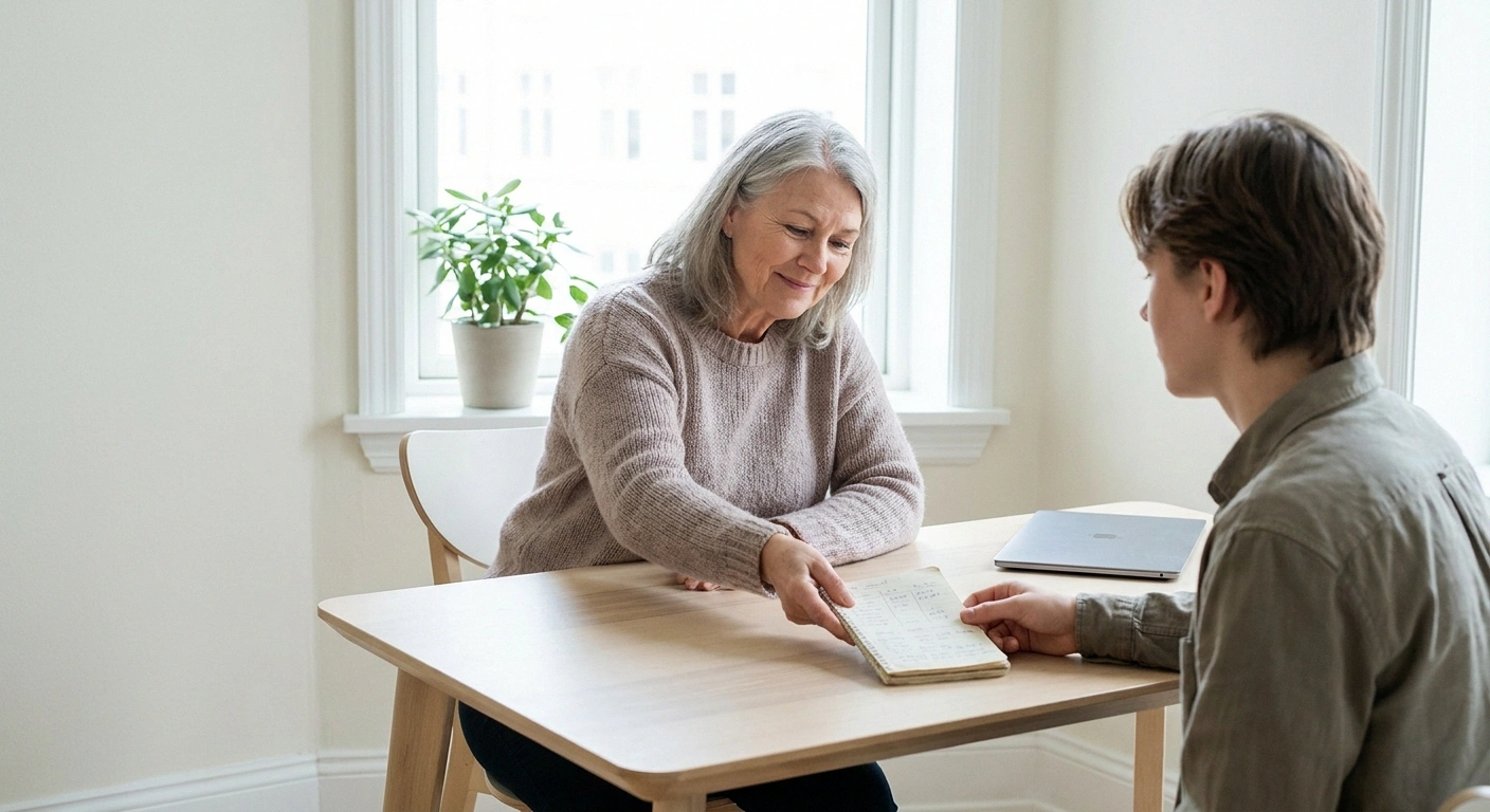 Woman sliding a handwritten notebook across a desk to a clinician.