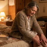 Woman on a bed at night resting a hand on her calf.