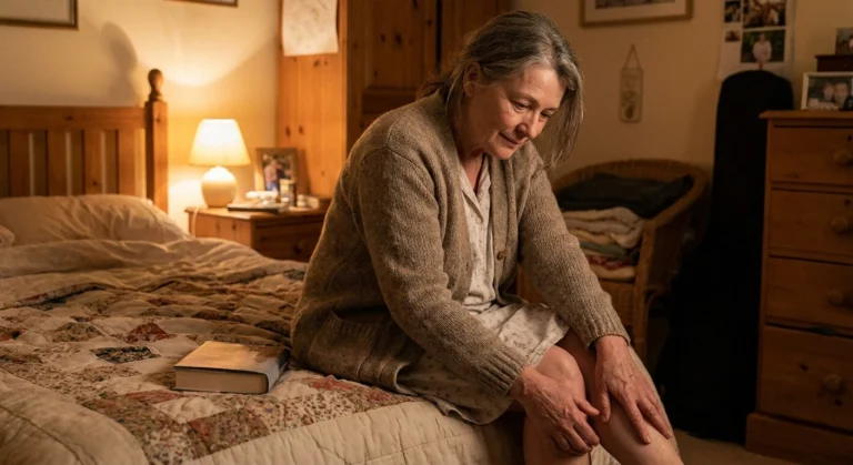 Woman on a bed at night resting a hand on her calf.