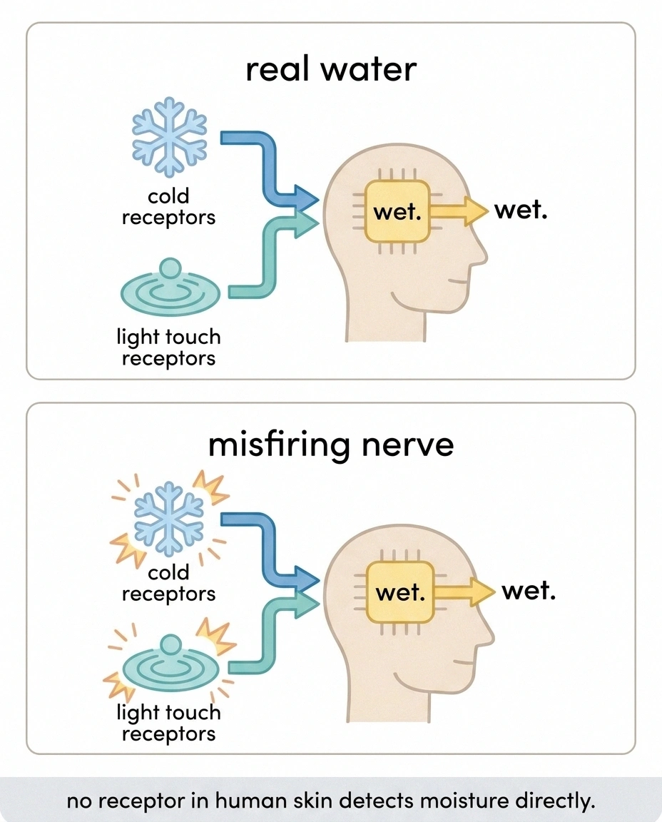 Two-panel diagram showing cold and touch signals producing the same wetness conclusion.