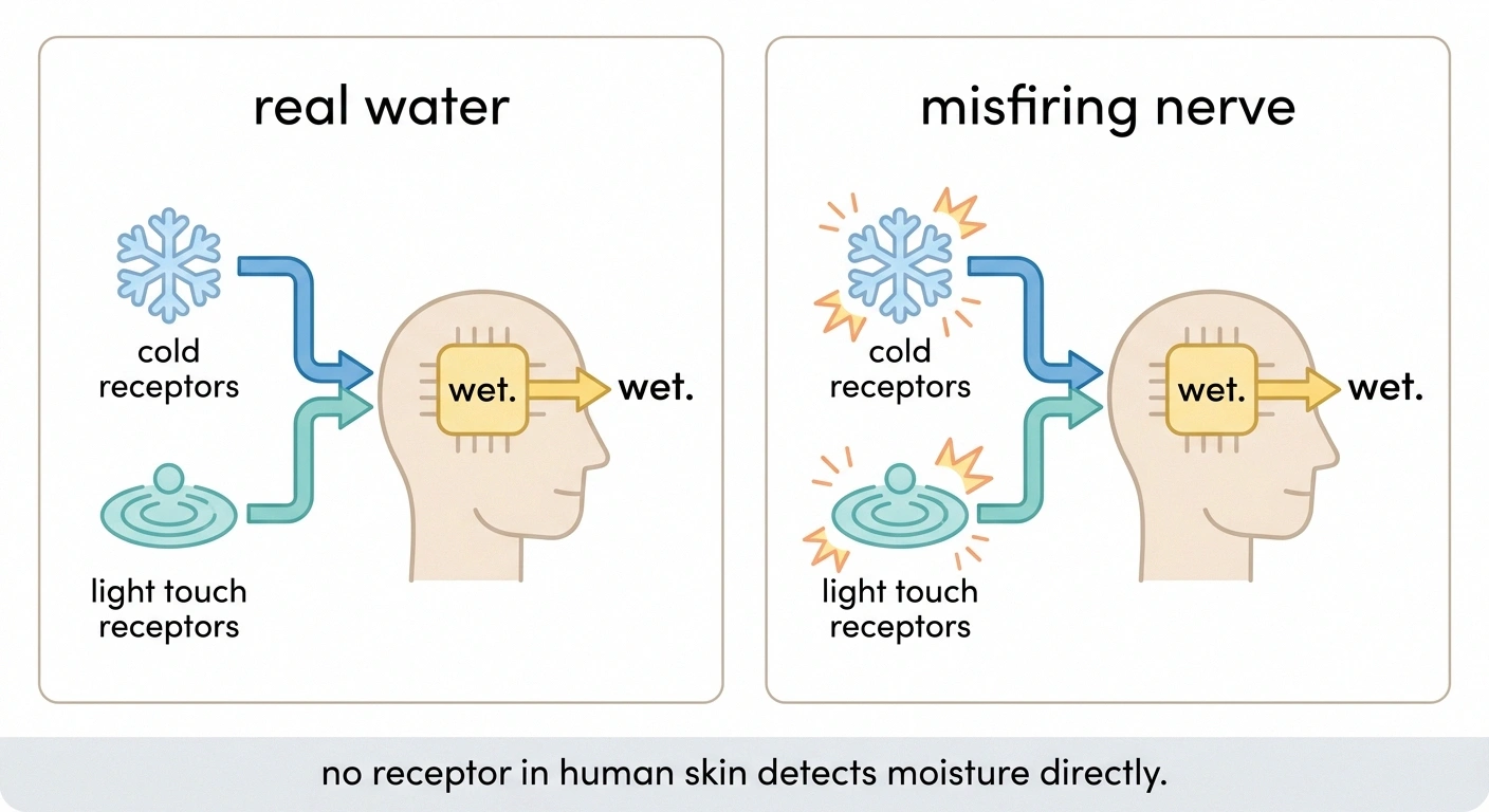 Two-panel diagram showing cold and touch signals producing the same wetness conclusion.