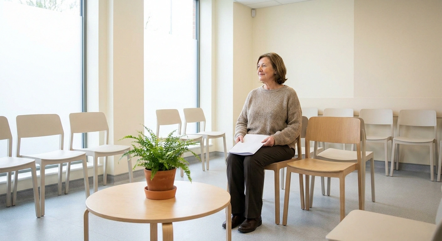 Woman waiting in a bright outpatient area holding a folded paper form.