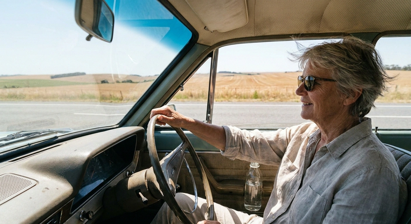 Woman driving on an open road, seen from the passenger seat.