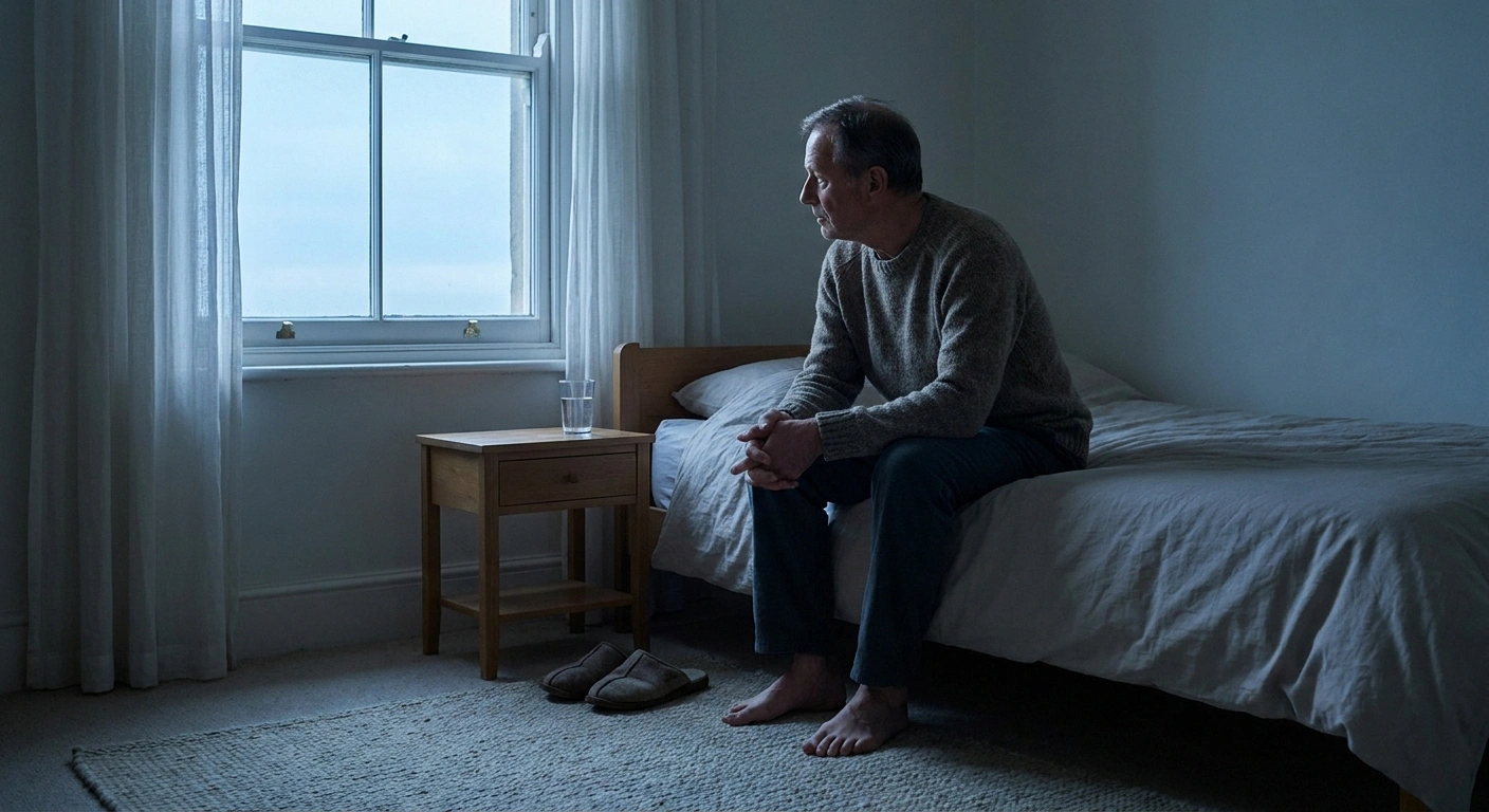 Man seated on a bed at dawn with hands resting on his shins.