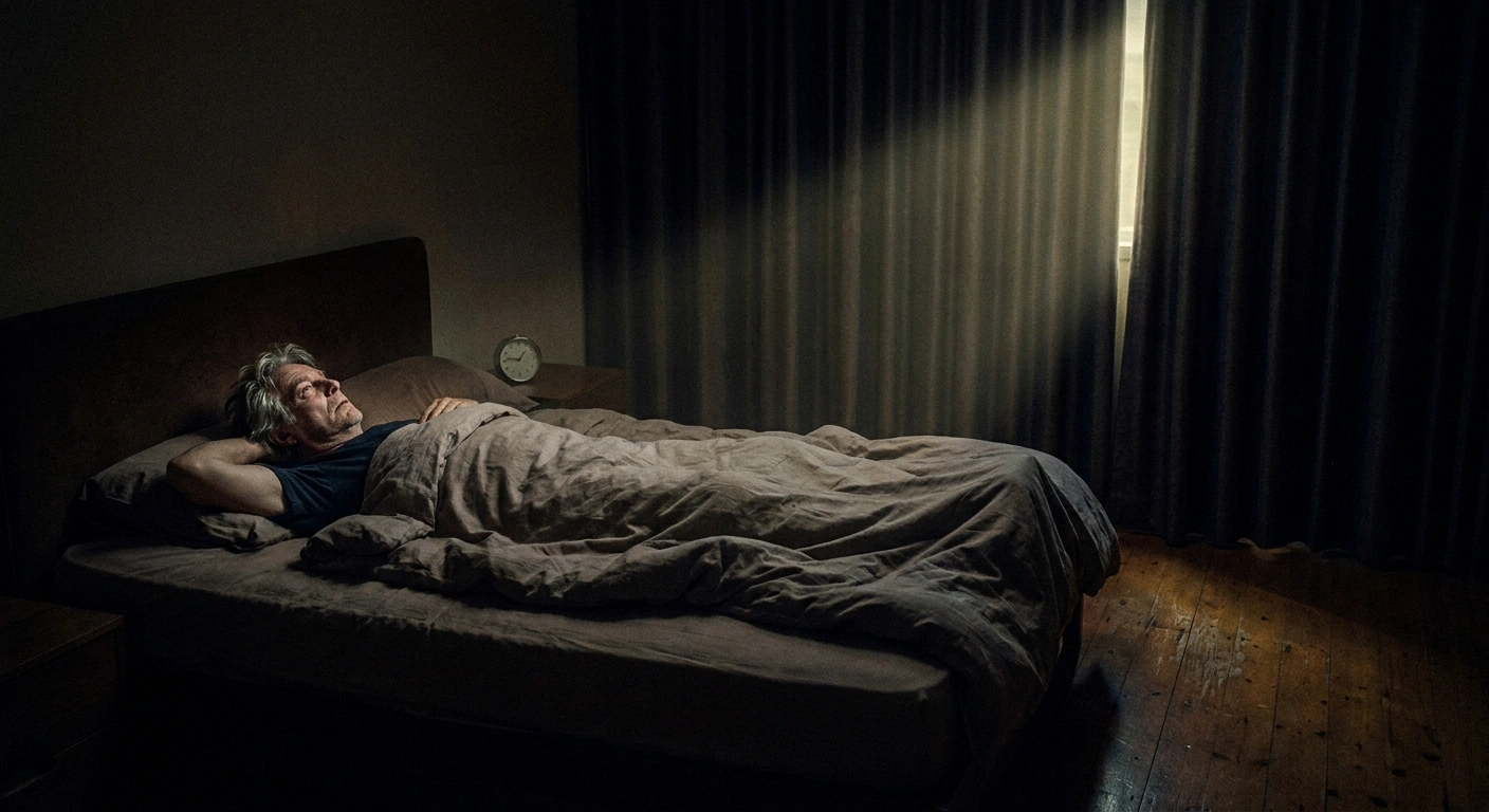 Man lying awake in a dim bedroom with streetlight through the curtains.