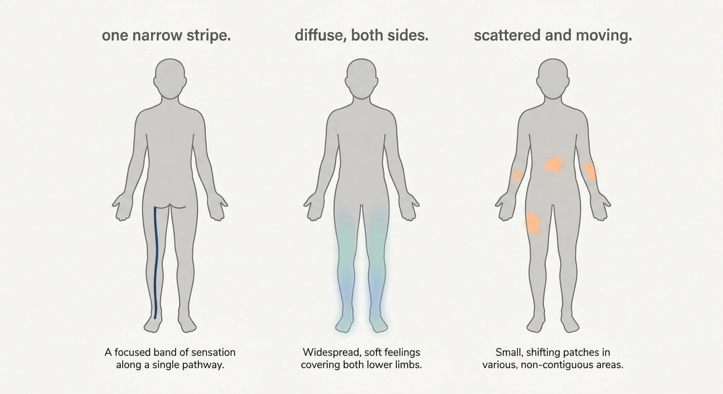 Three body outlines showing striped, diffuse and scattered sensory patterns.