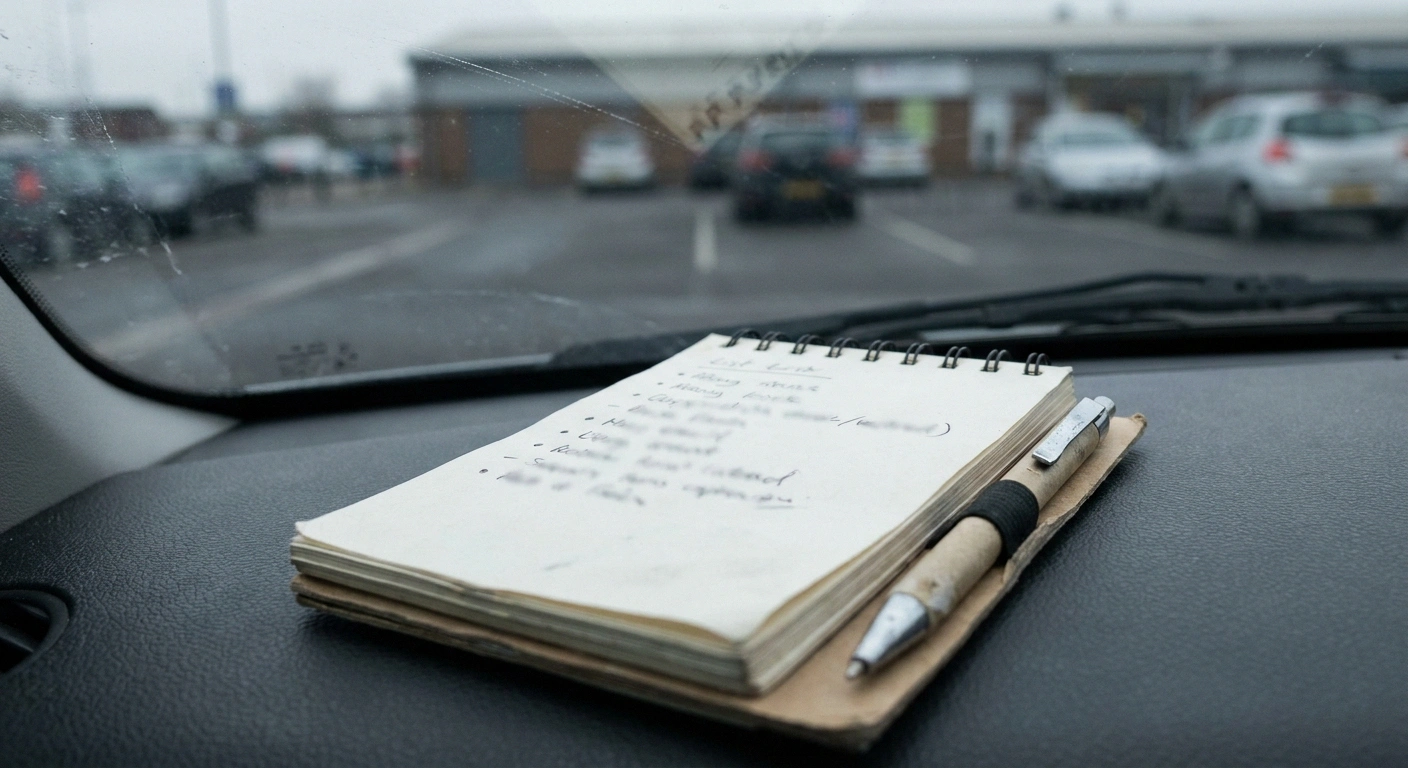 Small notepad with a short handwritten list open on a car dashboard before an appointment