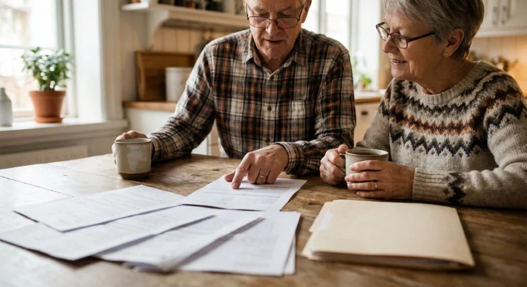 Older couple reviewing treatment information together at a kitchen table