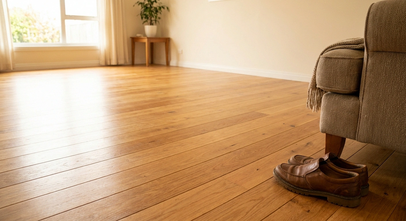 Clear bare wooden living room floor with supportive indoor shoes beside an armchair