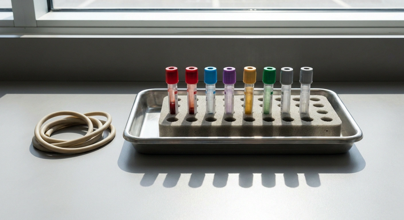 Rack of coloured-cap blood collection tubes with two empty slots