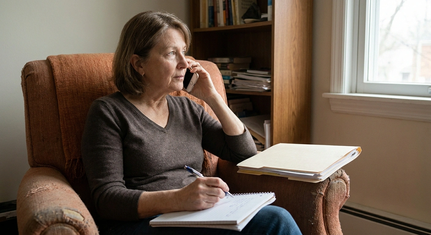Woman on the phone in an armchair taking notes with plan documents beside her