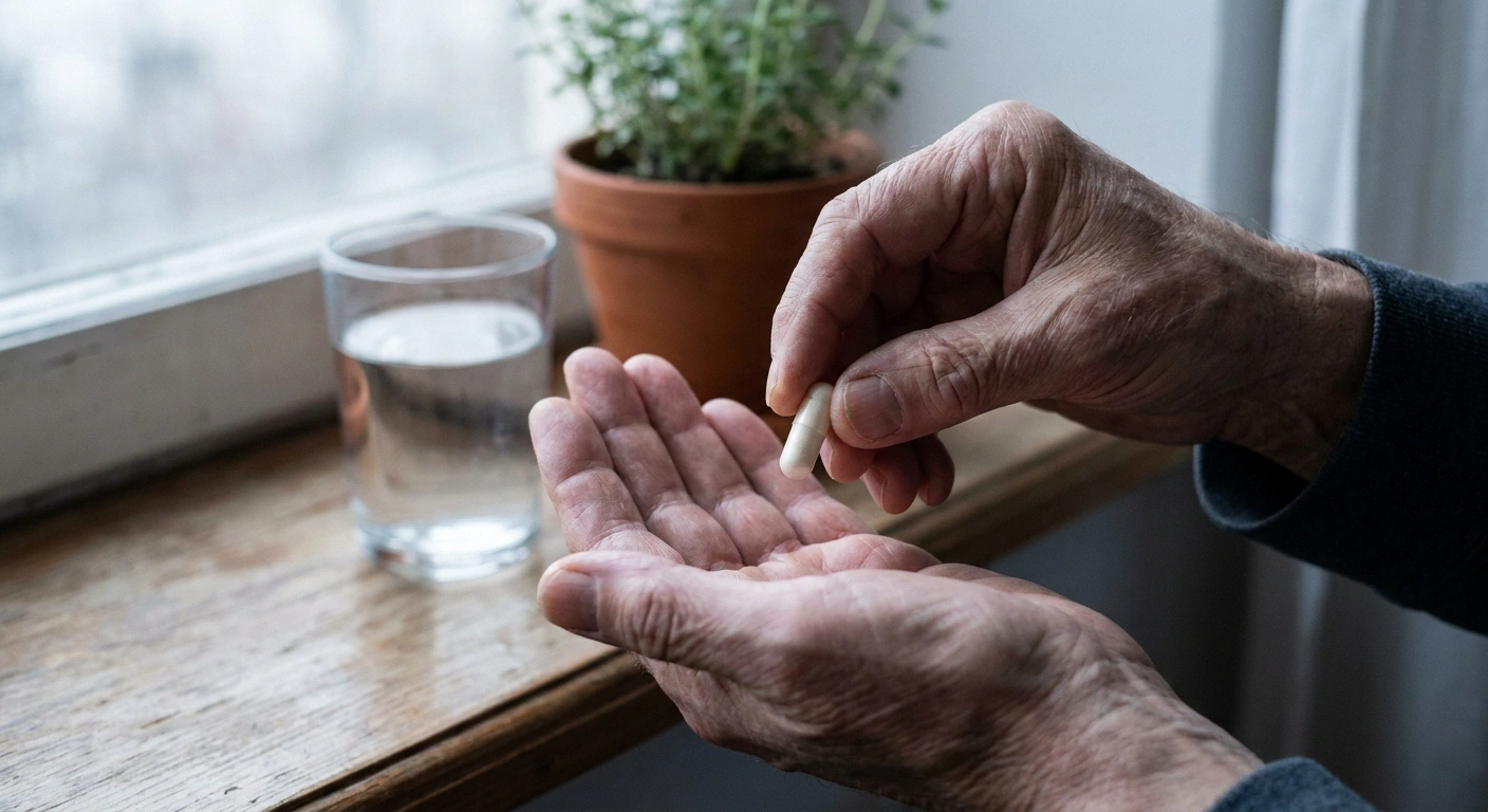 Older hand holding a single capsule beside a glass of water on a windowsill