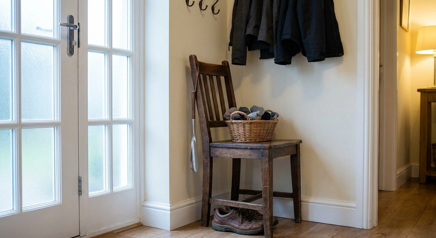 Wooden chair by a front door with a long-handled shoehorn and shoes placed underneath