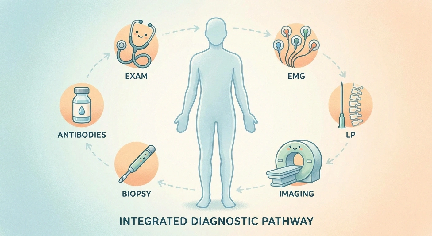 Illustration of the diagnostic workup for suspected checkpoint inhibitor neuropathy including exam, EMG, lumbar puncture, MRI, and antibody panels