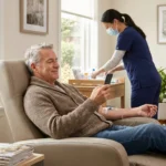 Patient receiving outpatient checkpoint inhibitor immunotherapy infusion in a comfortable clinic setting