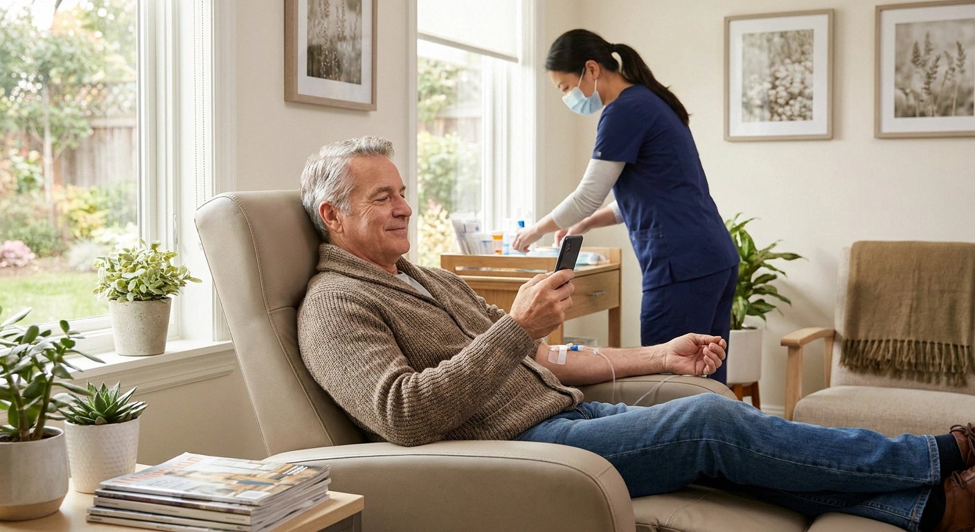 Patient receiving outpatient checkpoint inhibitor immunotherapy infusion in a comfortable clinic setting