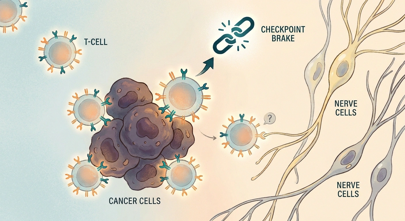 Illustration of unleashed T-cells attacking cancer cells while a few are misdirected toward peripheral nerve cells
