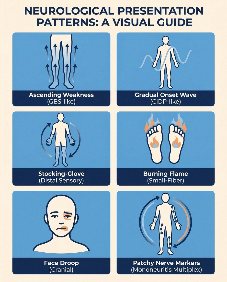 Infographic showing the seven distinct presentation patterns of checkpoint inhibitor neuropathy