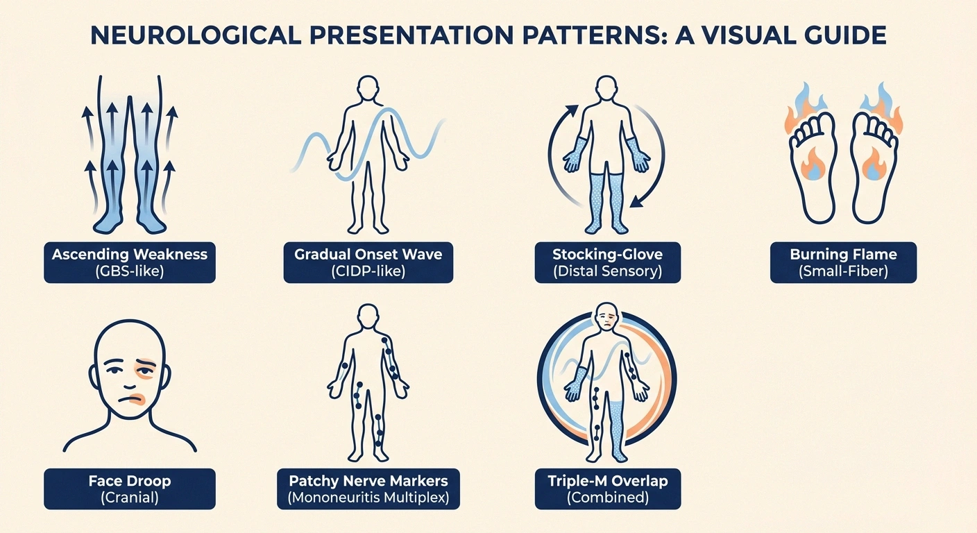 Infographic showing the seven distinct presentation patterns of checkpoint inhibitor neuropathy
