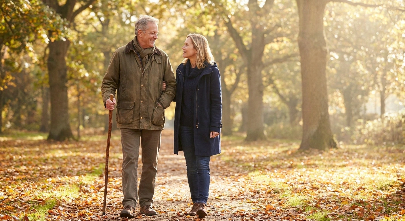 Older adult walking confidently in a park with a family member after recovering from checkpoint inhibitor neuropathy