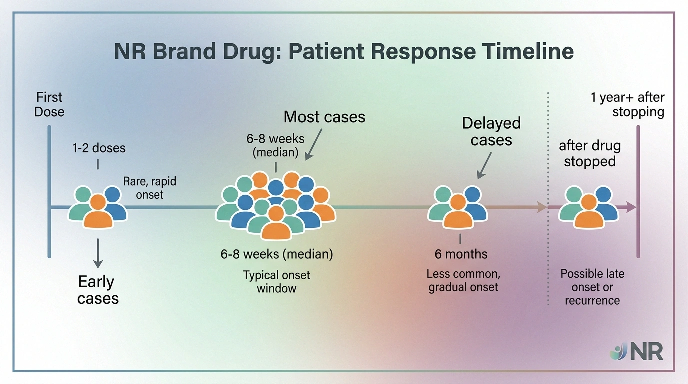 Timeline showing when checkpoint inhibitor neuropathy typically appears, from early in treatment through delayed onset after the drug has stopped