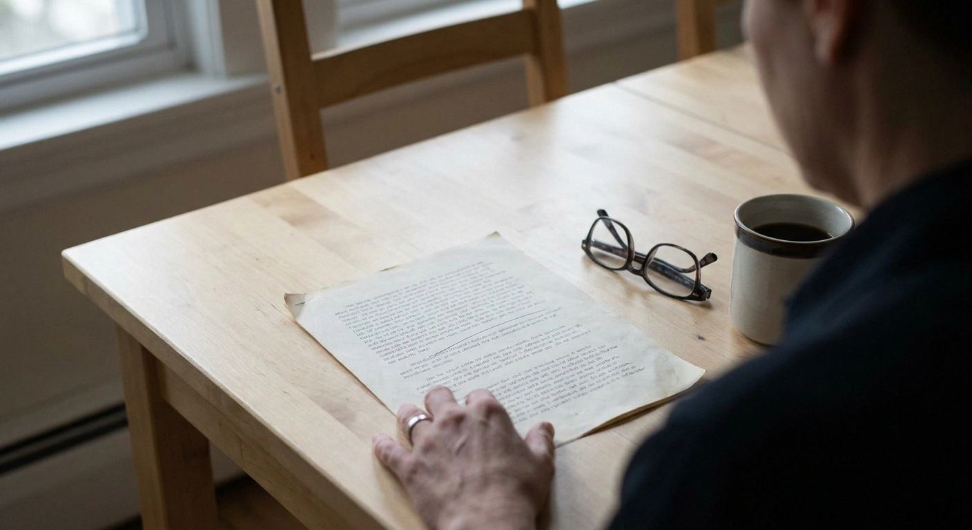Clinic letter lying on a kitchen table beside reading glasses and a cup of coffee