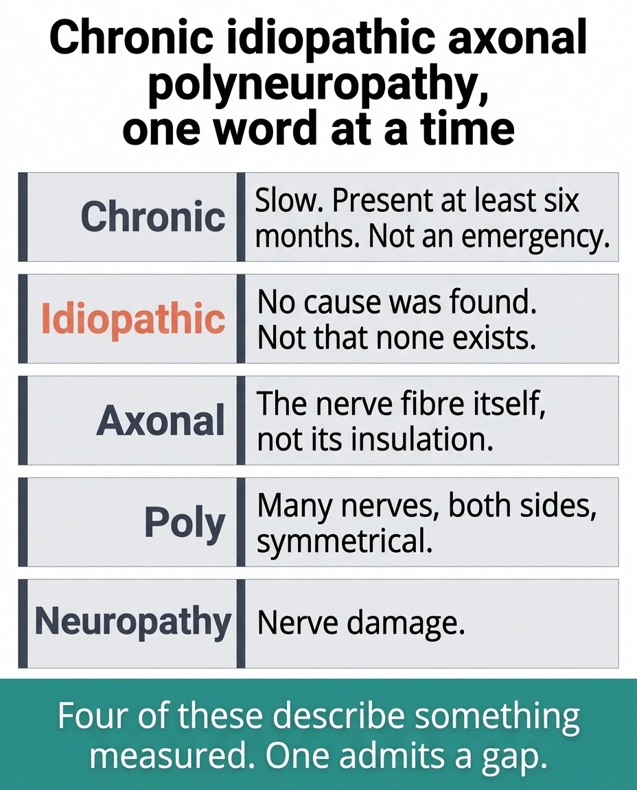 Five-column graphic translating each word of chronic idiopathic axonal polyneuropathy