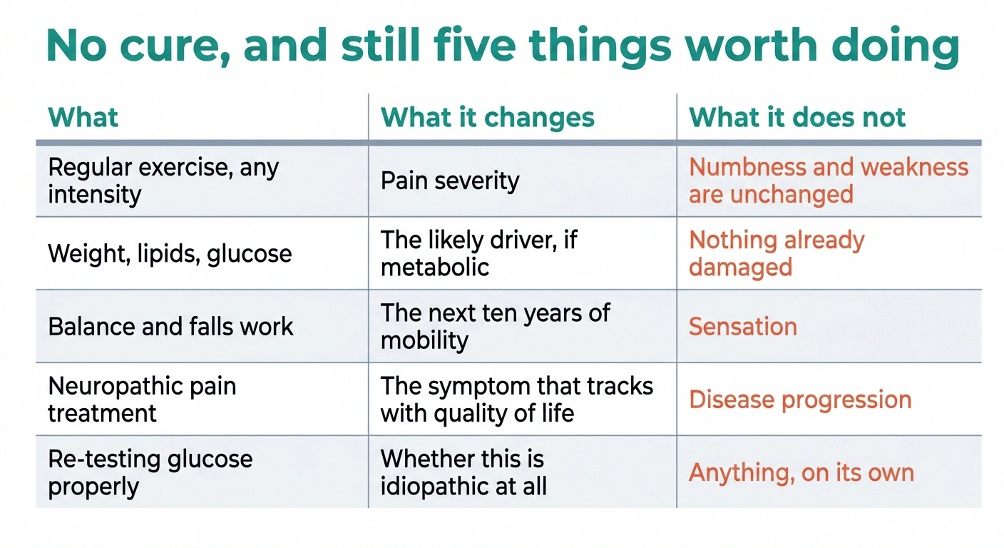 Table listing five management approaches for CIAP with what each does and does not change