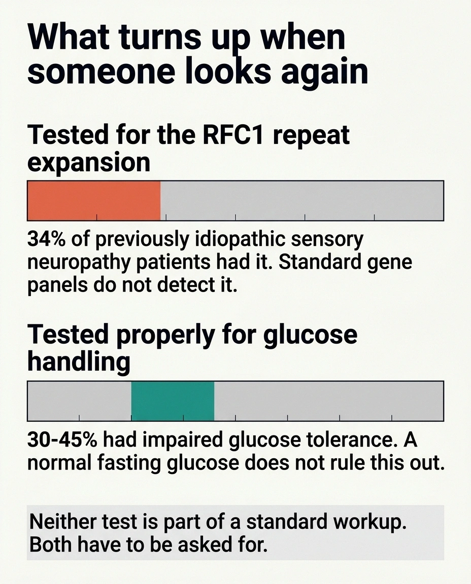 Proportion bars showing RFC1 expansions and impaired glucose tolerance in idiopathic neuropathy