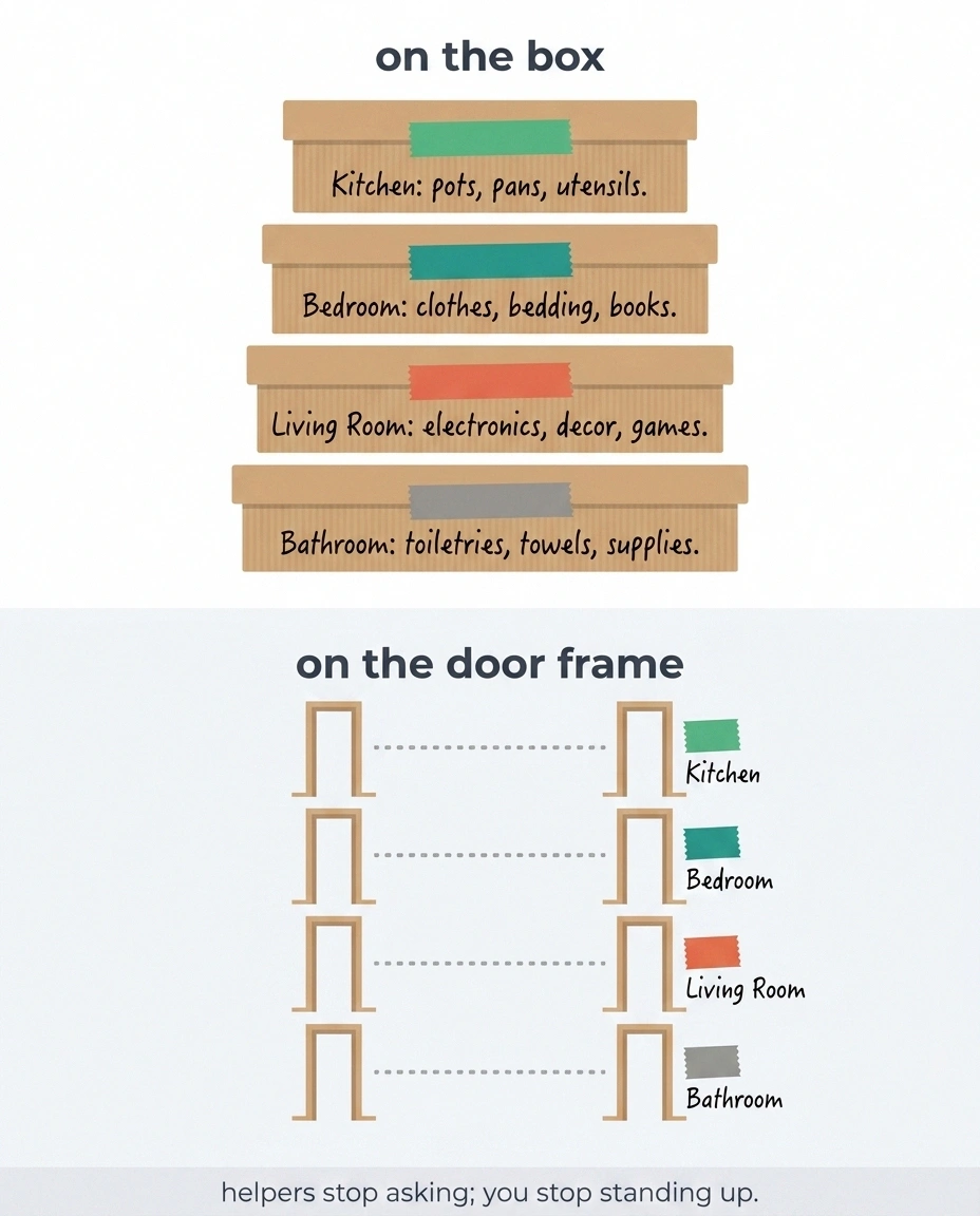 Diagram matching colored tape on boxes to colored tape on door frames