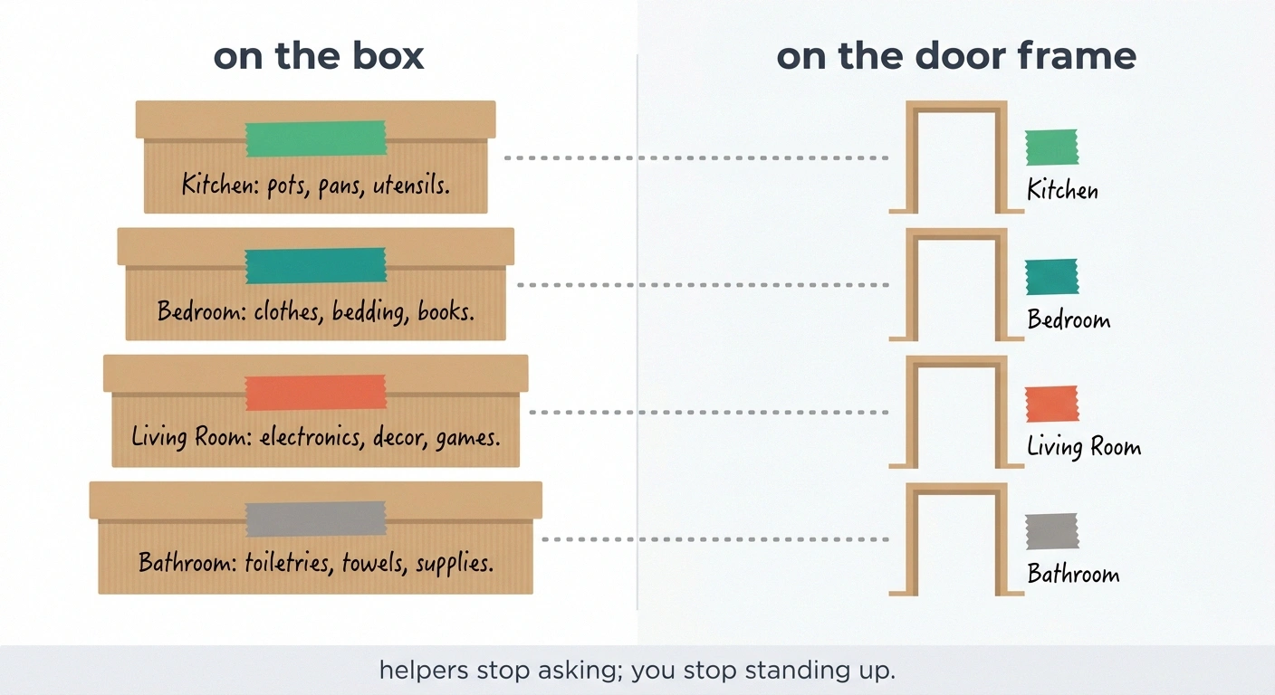 Diagram matching colored tape on boxes to colored tape on door frames